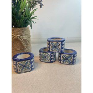 Set of 4 Mexican Pottery Napkin Rings Blue Green Floral